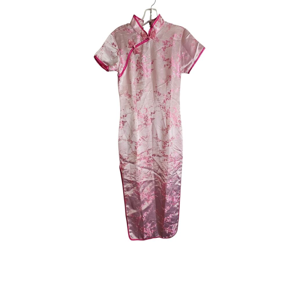 Pink Satin Cheongsam Qipao Dress Women Floral Oriental Silk Feel Maxi 51" Long